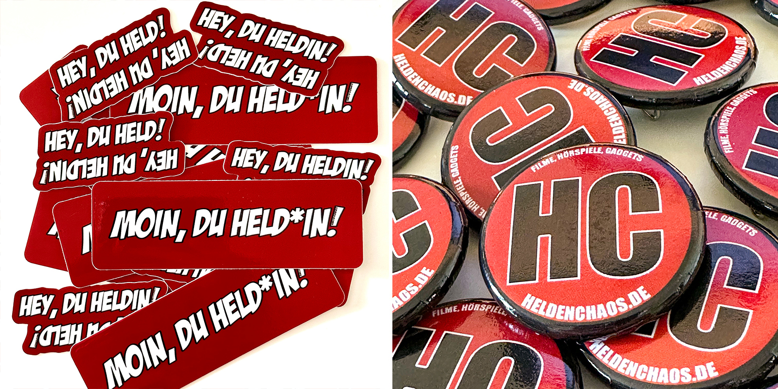 Heldenchaos Sticker und Pins